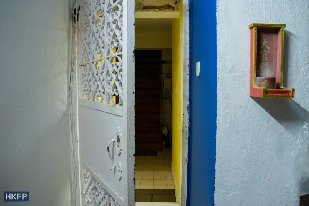 The front door of the home in North Point where the fatal shooting happened on September 15, 2024. Photo: Kyle Lam/HKFP.