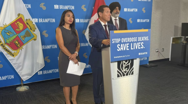 Brampton Mayor Patrick Brown addresses the media along with Deputy Mayor Harkirat Singh and Coun. Rowena Santos at the meeting Thursday. Brown was asking the Ontario government to help develop what he called 'compassionate care' for people facing addiction and mental health issues. (Chris Glover/CBC)