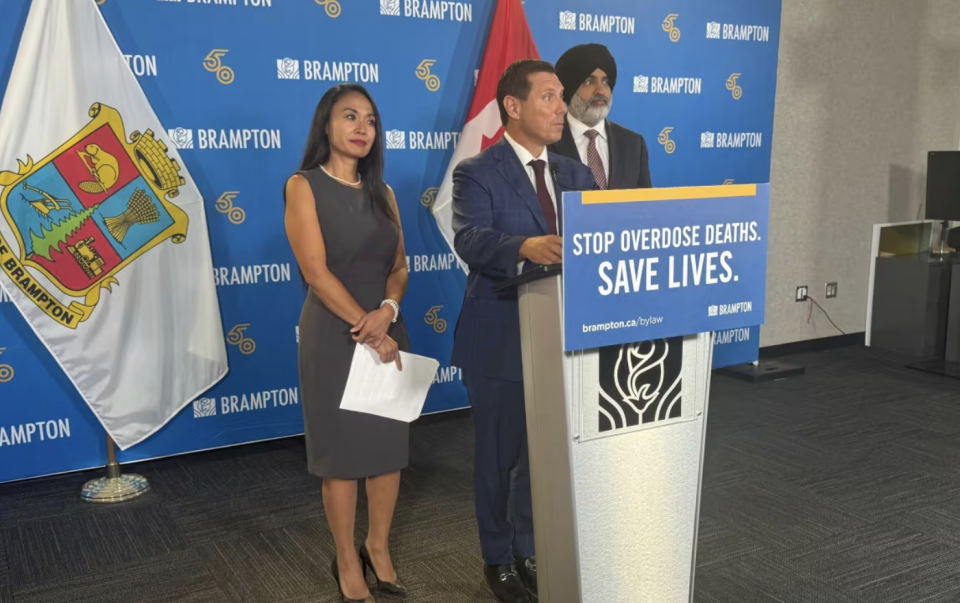 Brampton Mayor Patrick Brown addresses the media along with Deputy Mayor Harkirat Singh and Coun. Rowena Santos at the meeting Thursday. Brown was asking the Ontario government to help develop what he called 'compassionate care' for people facing addiction and mental health issues. (Chris Glover/CBC)